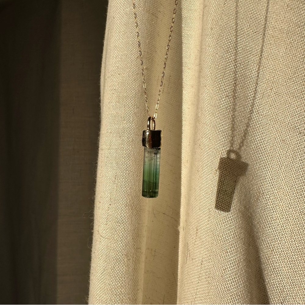 14k solid gold ombre bi color tourmaline green teal natural necklace pendant